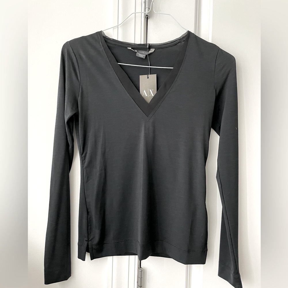 NWT A/X Armani Exchange V Neck Detail Midnight Blue Stretch Long Sleeves, XXS